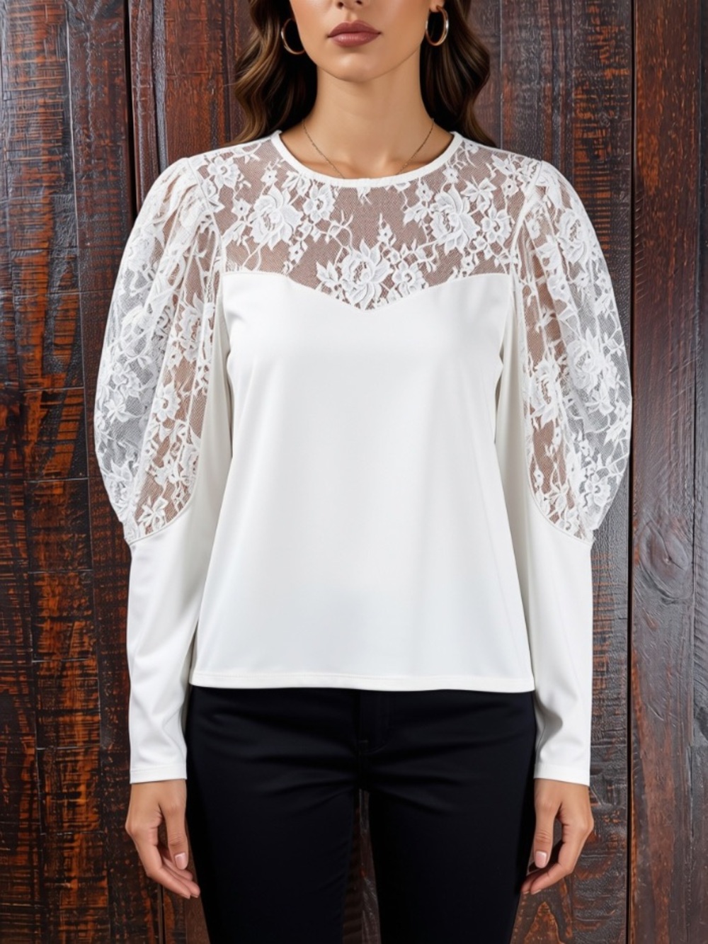 Express White Lace Yoke Puff Sleeve Top